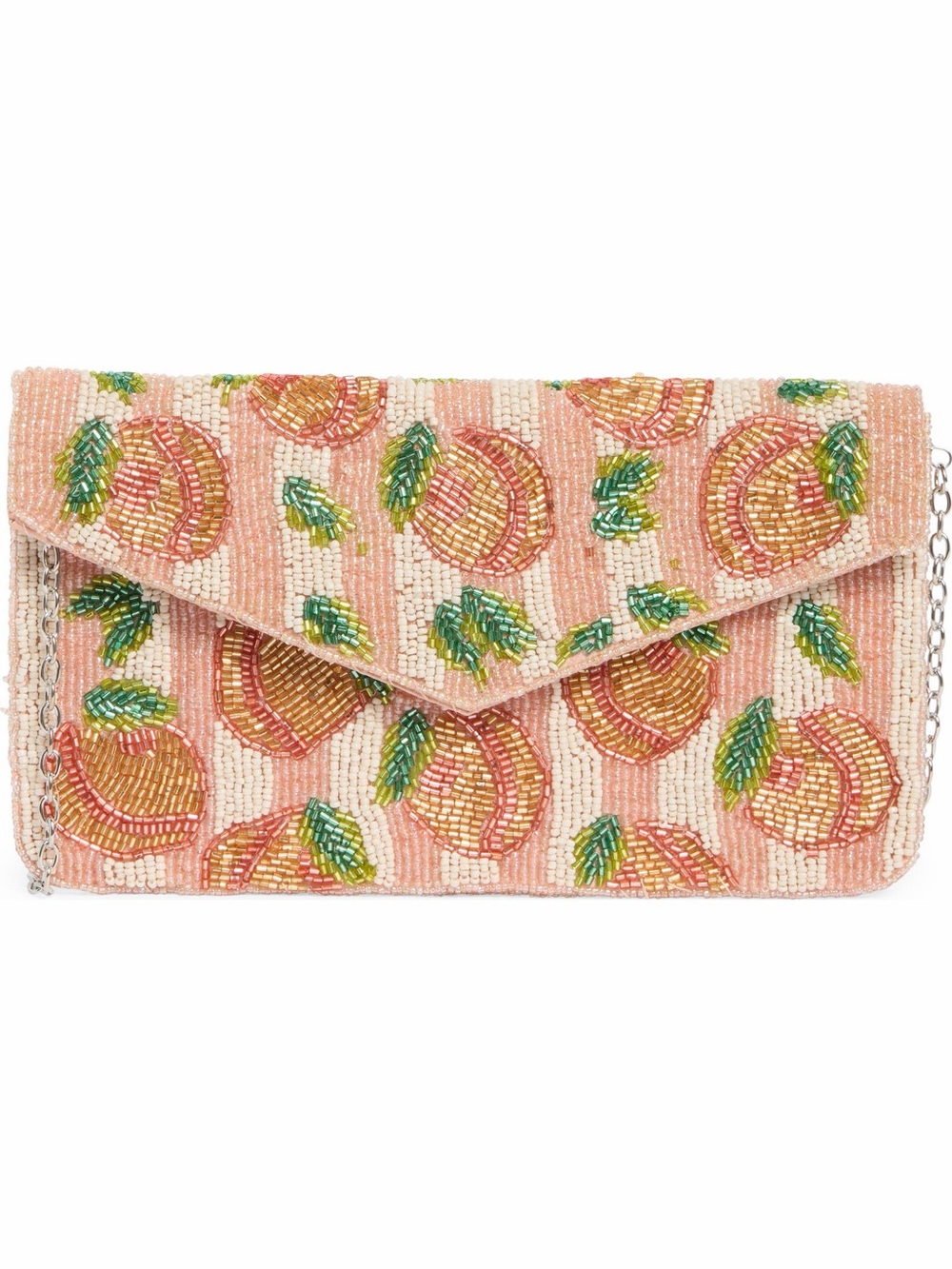 SOL and MER Beaded Peach Motif Envelope Clutch with removable chain strap